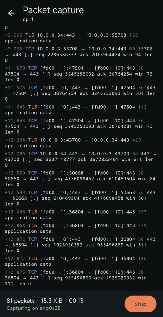 Packet capture screen of Ichor for Talos Linux
