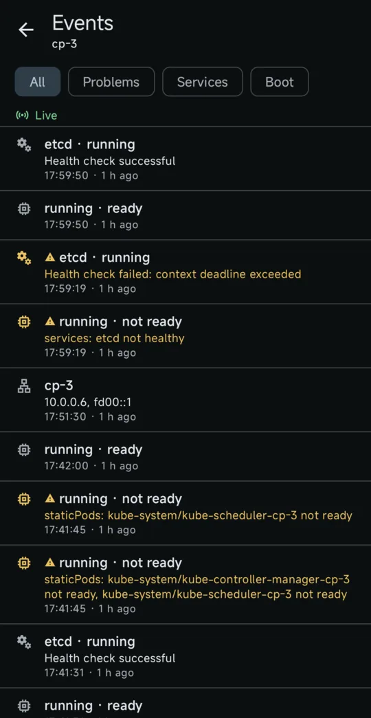 Events screen of Ichor for Talos Linux