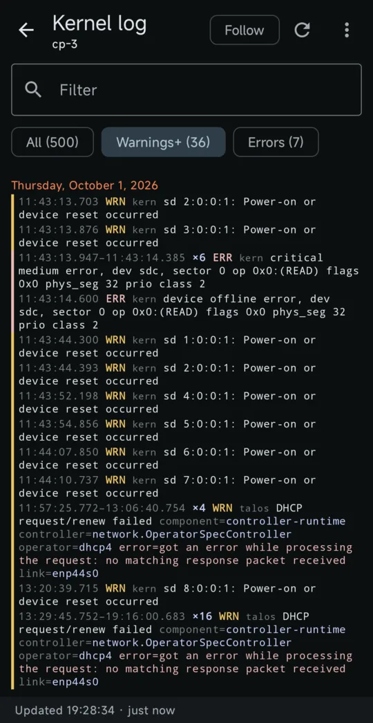 Kernel and service logs screen of Ichor for Talos Linux