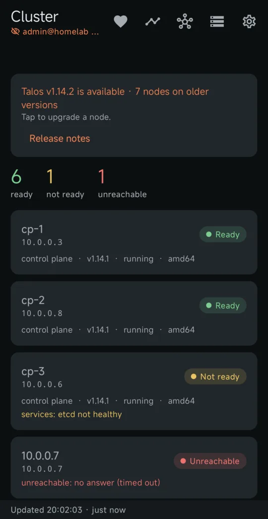 Cluster overview screen of Ichor for Talos Linux